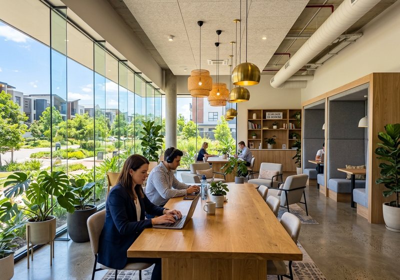 Co-working lounge at Brigade Whitefield Kadugodi